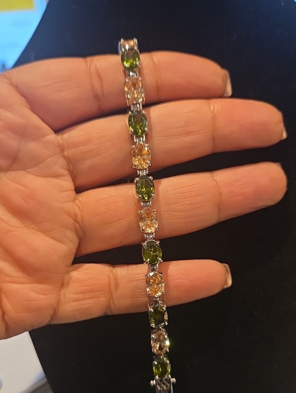 Green and Champagne Stone Tennis Bracelet - Sterling Silver